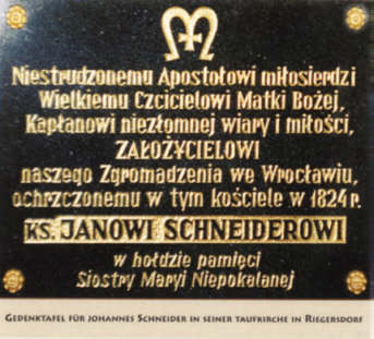 Gedenktafel für Johannes Schneider in seiner Taufkirche in Riegersdorf